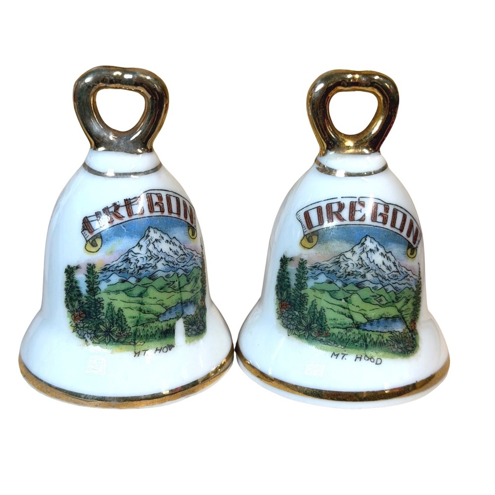 Vintage Oregon Mt Hood Bell Salt and Pepper Shakers Ceramic Souvenir Gold Trim